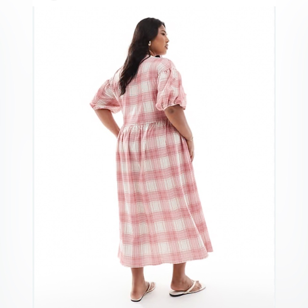 ASOS DESIGN Pink  Plaid Curve Puff Sleeve Tie Front Maxi Dress Size 14 - Picture 4 of 11